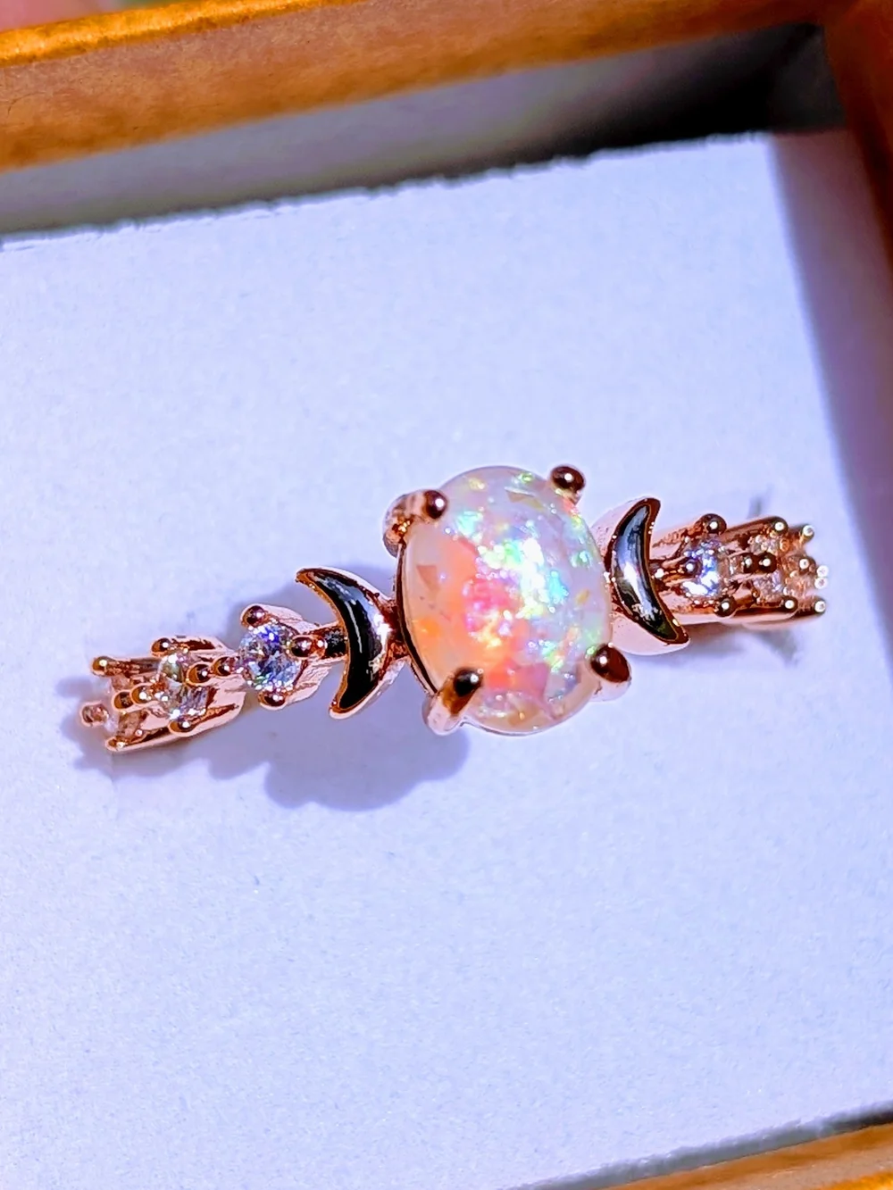 Handmade Rose Gold Opal Ring – Size 9 | Crescent Moon Design |